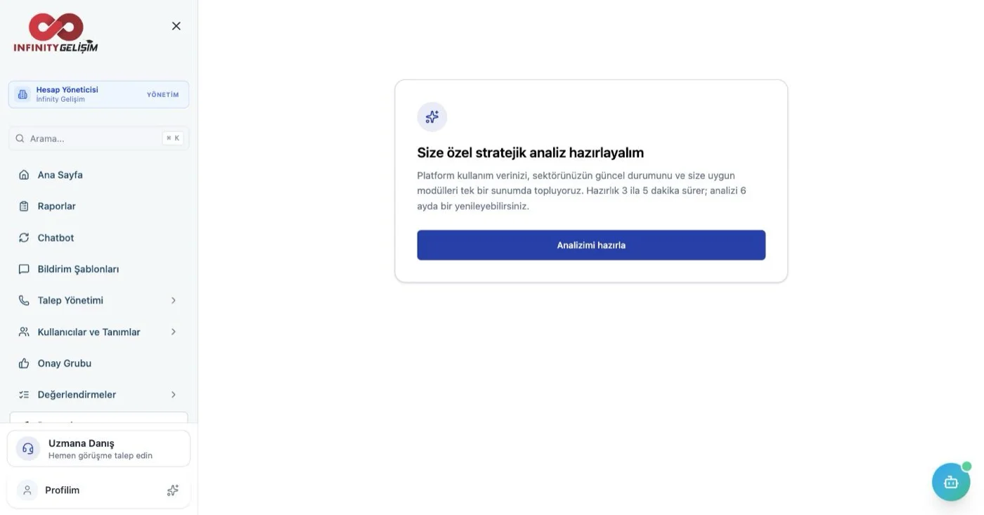 Stratejik Analiziniz ekranı: analizi hazırla kartı ve yönetim paneli menüsü