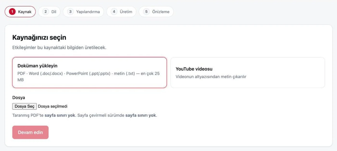 SmartDoc kaynak adımı: doküman yükleme ve YouTube videosu seçenekleri