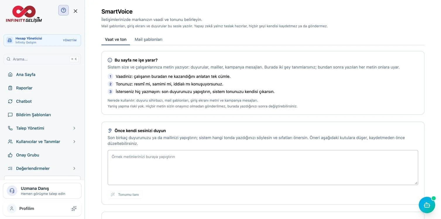 SmartVoice ekranı: vaat ve ton tanımlama alanı, mail şablonları sekmesi