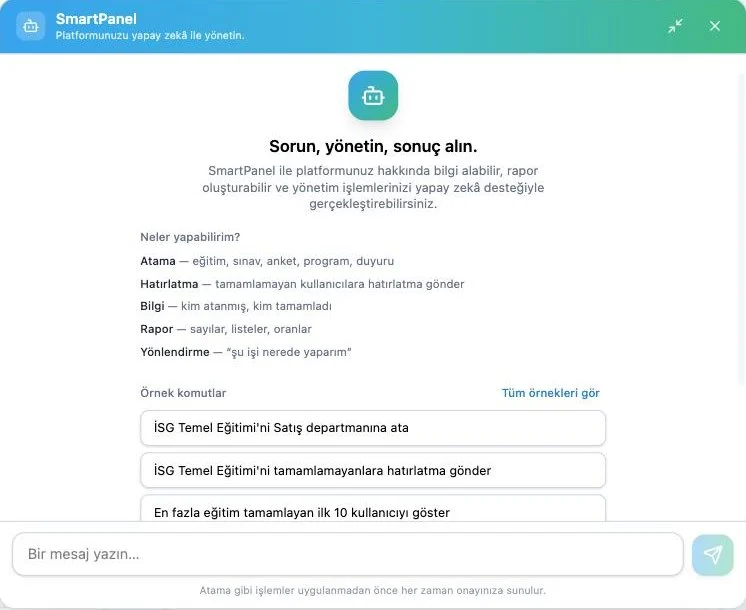 SmartPanel penceresi: yetenek listesi ve örnek komutlar