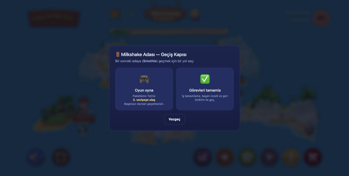 Geçiş kapısı ekranı: mini oyun oynama ya da görevleri tamamlama seçenekleri