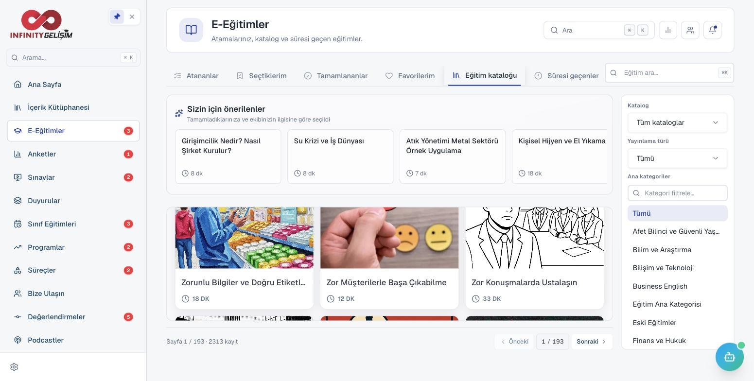 Eğitim kataloğu: kategori filtreleri ve kişiye özel öneriler