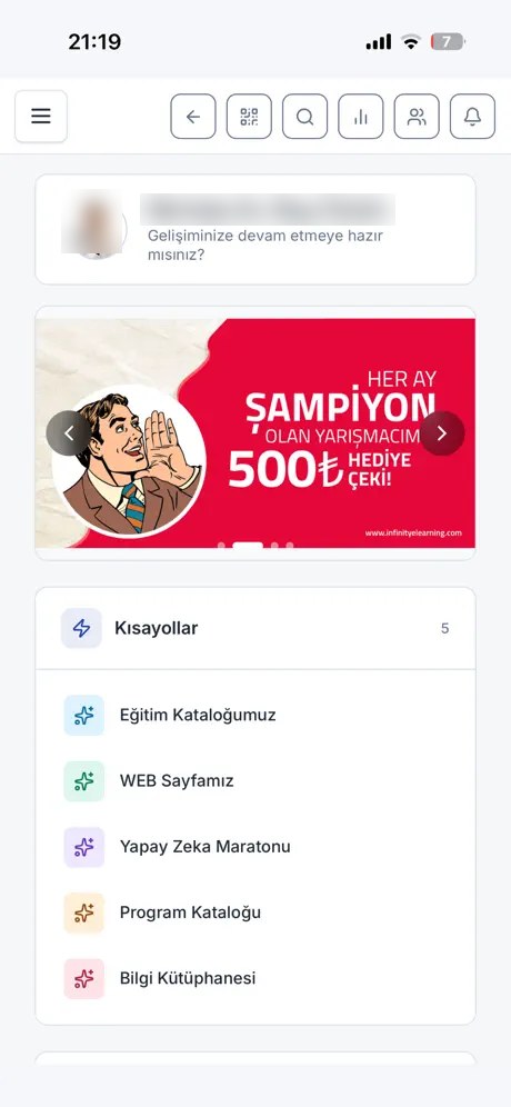 Uygulama ana sayfası: karşılama kartı, duyuru şeridi ve kısayollar