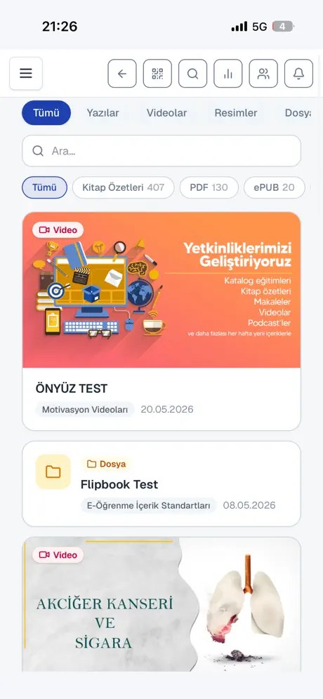 İçerik kütüphanesi: yazılar, videolar, resimler ve dosyalar; kitap özetleri, PDF ve ePUB sayıları