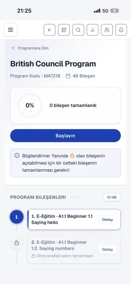 Program detayı: 48 bileşenli program, tamamlanma oranı, kilitli bileşenler ve sıralı ilerleme