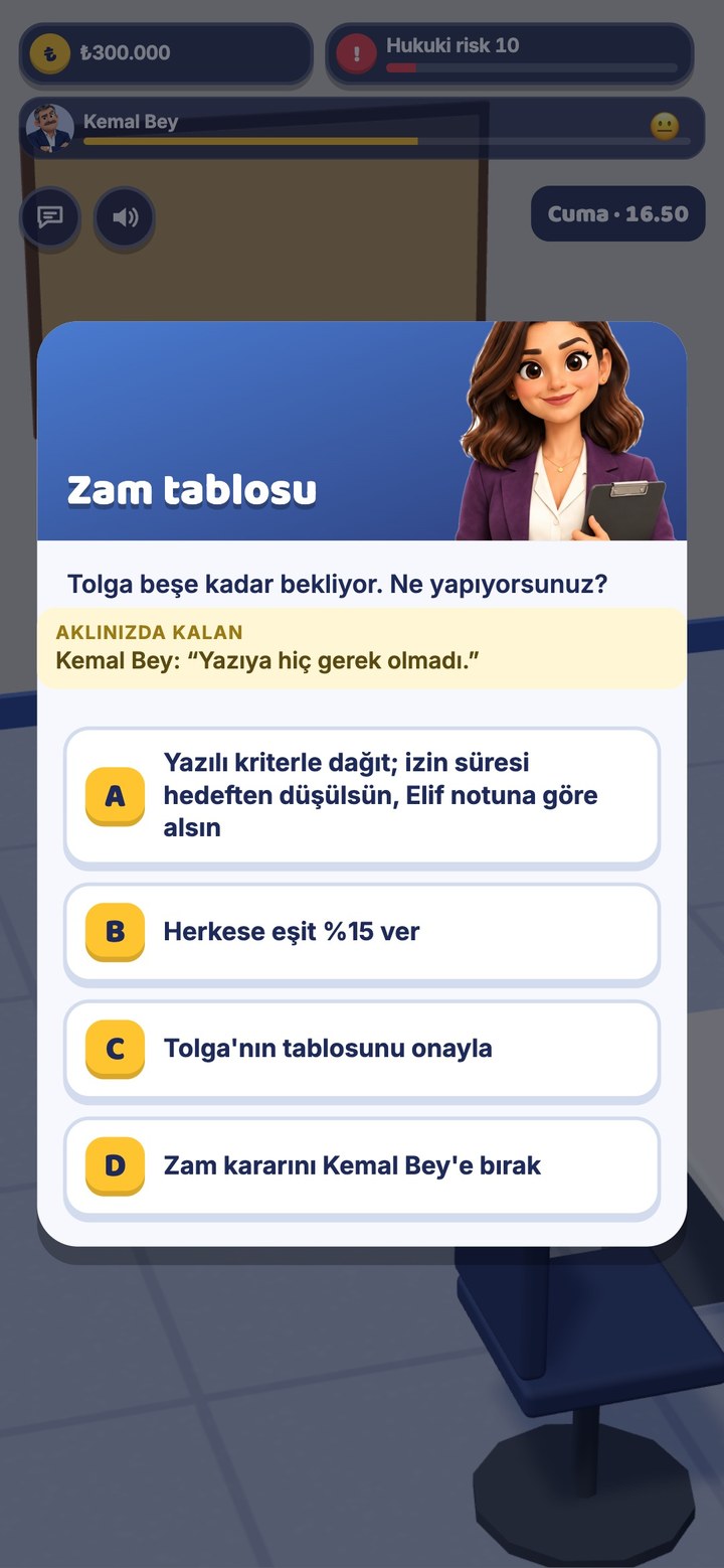 Zam tablosu için dört seçenekli karar ekranı.